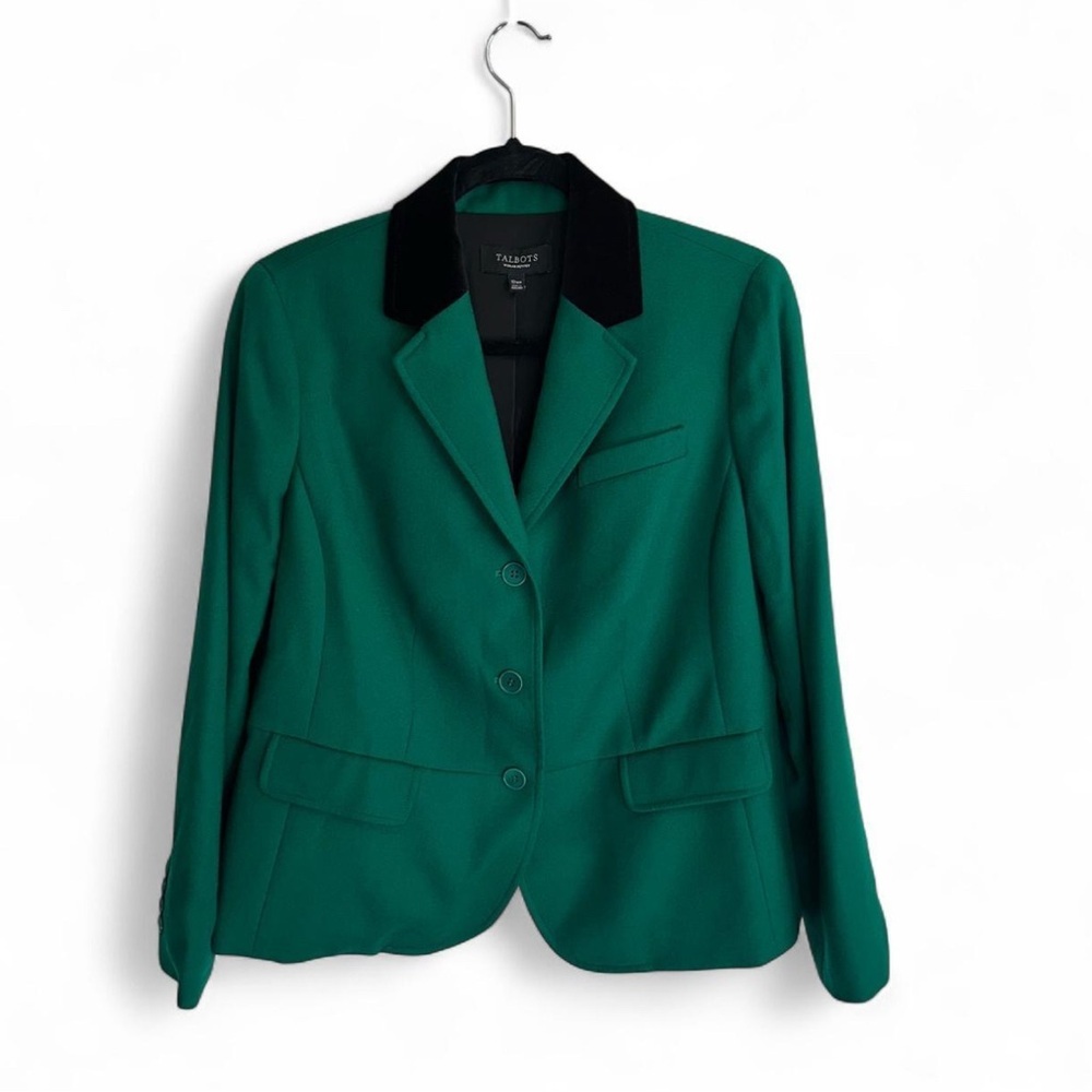 Talbots Emerald Wool Blazer with Black Velvet Collar